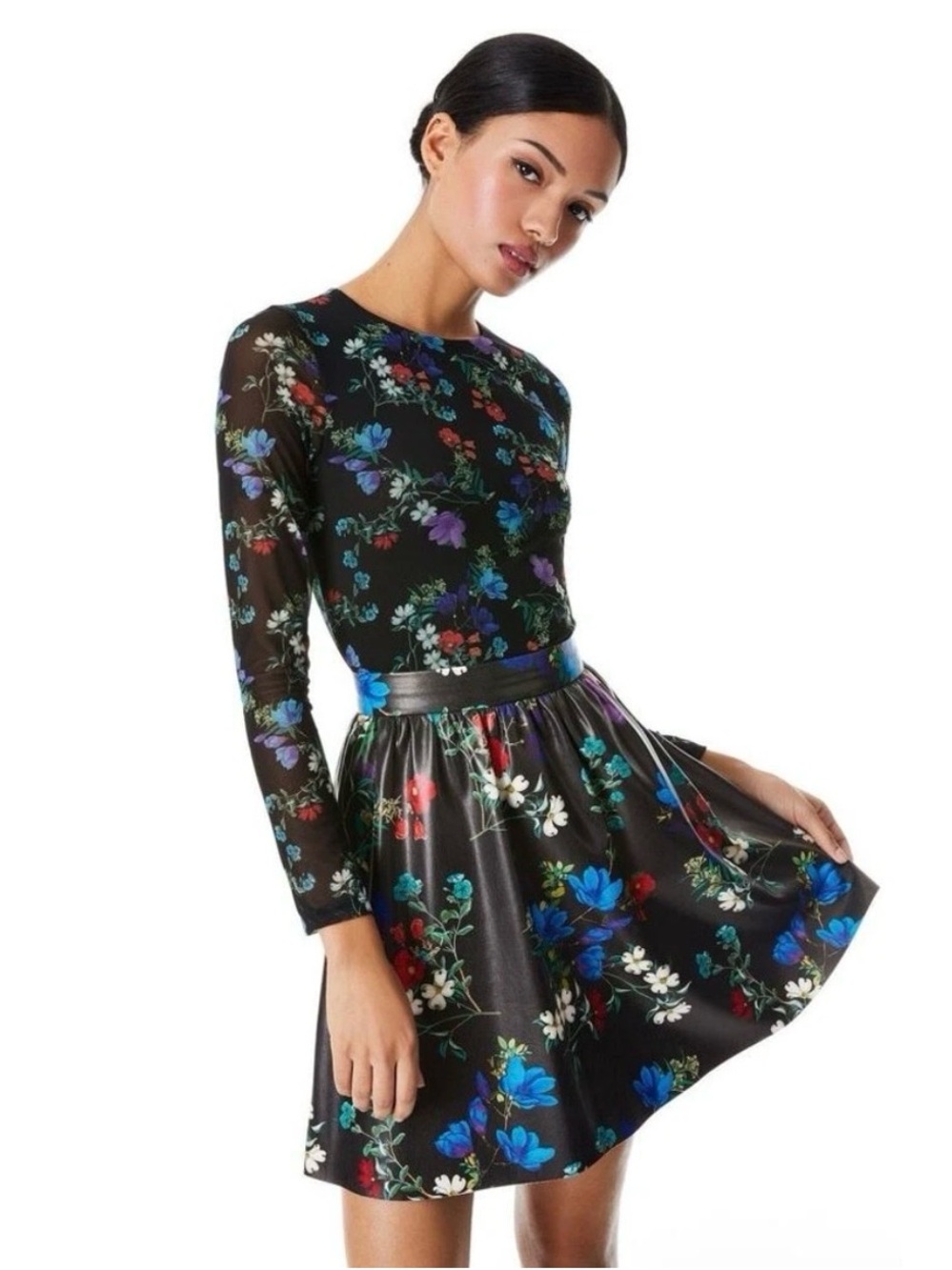 Alice + Olivia Chara Faux Leather Mesh Long Sleeve Black Floral Flare Mini Dress